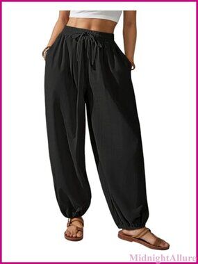 Cotton Harem Pants Wide Leg Baggy Balloon Trousers Ankle Length